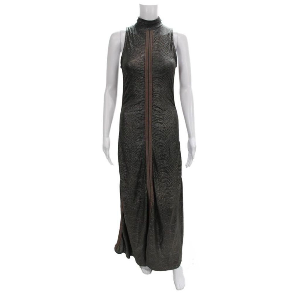Designer Womens Maxi Dress Gray High Neck Sleeveless Zip Vintage Size S